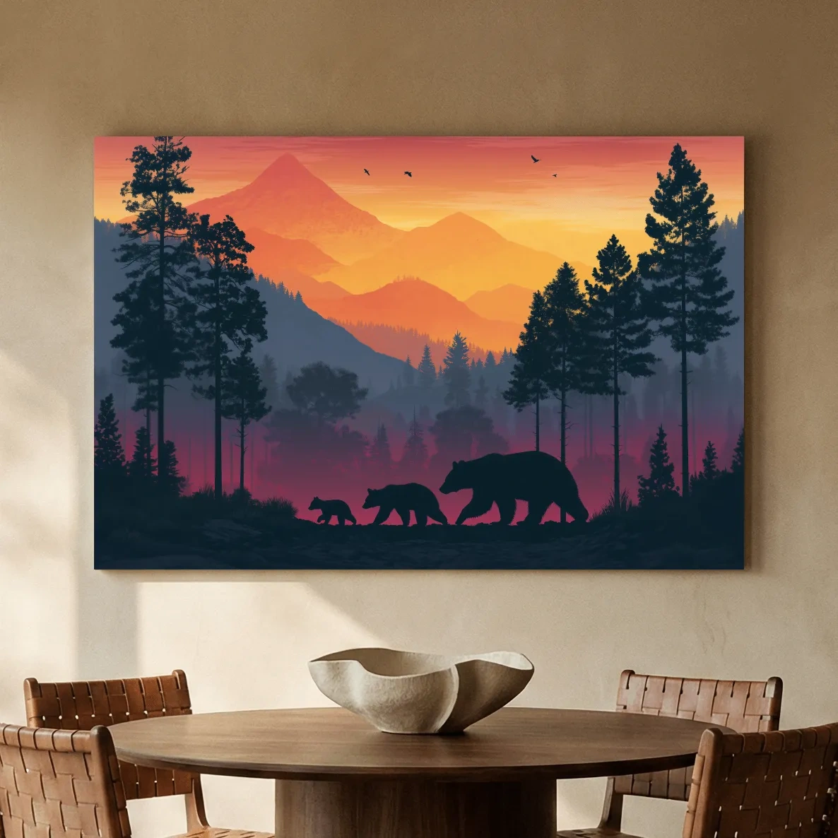 Sunset Momma Bear & Cubs Silhouette - Forest Wildlife Wall Art
