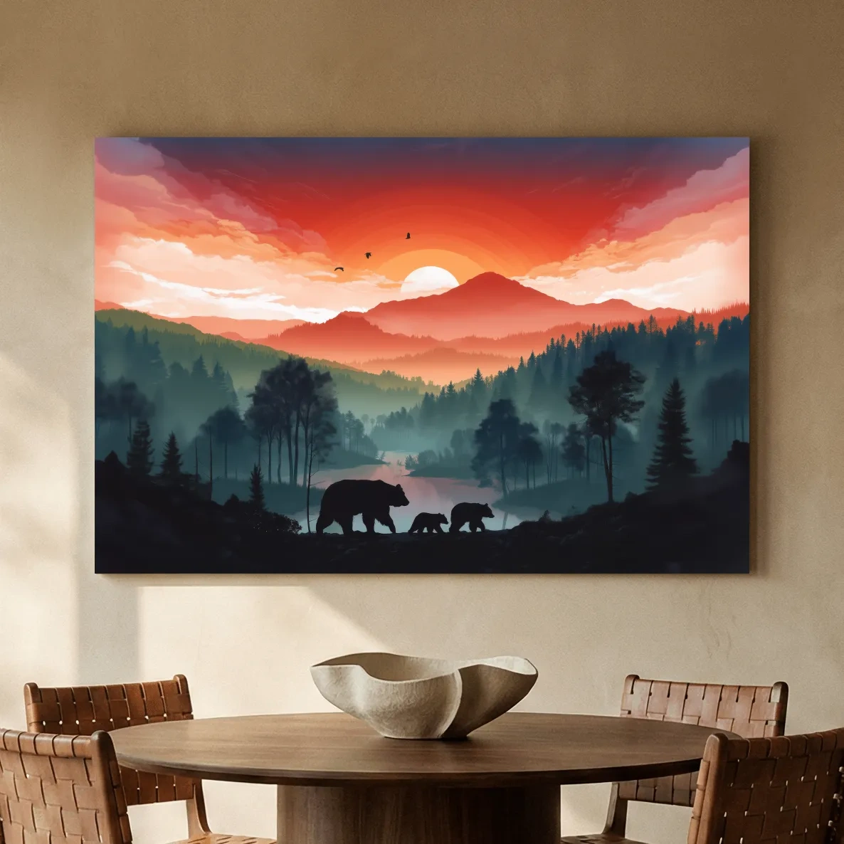 Sunset Bear Family Silhouette Landscape - Misty Mountain Forest Wall Art
