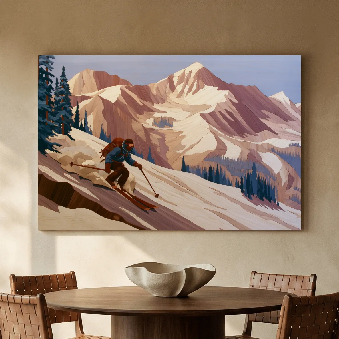 Backcountry Skier Descending Snowy Alpine Peaks - Modern Outdoor Adventure Wall Art