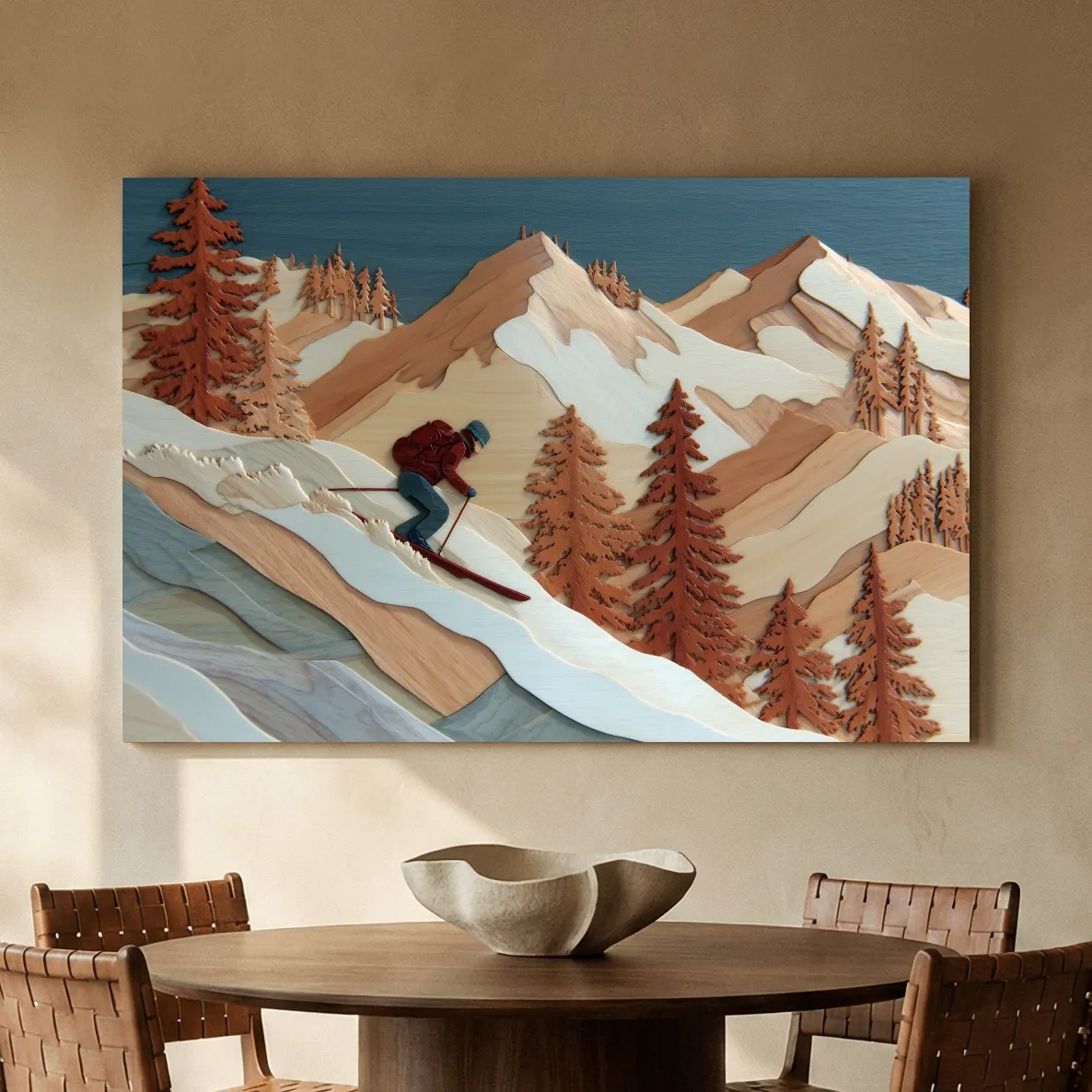 Wood Intarsia Style Skier Mountain Scene - Winter Alpine Wall Art