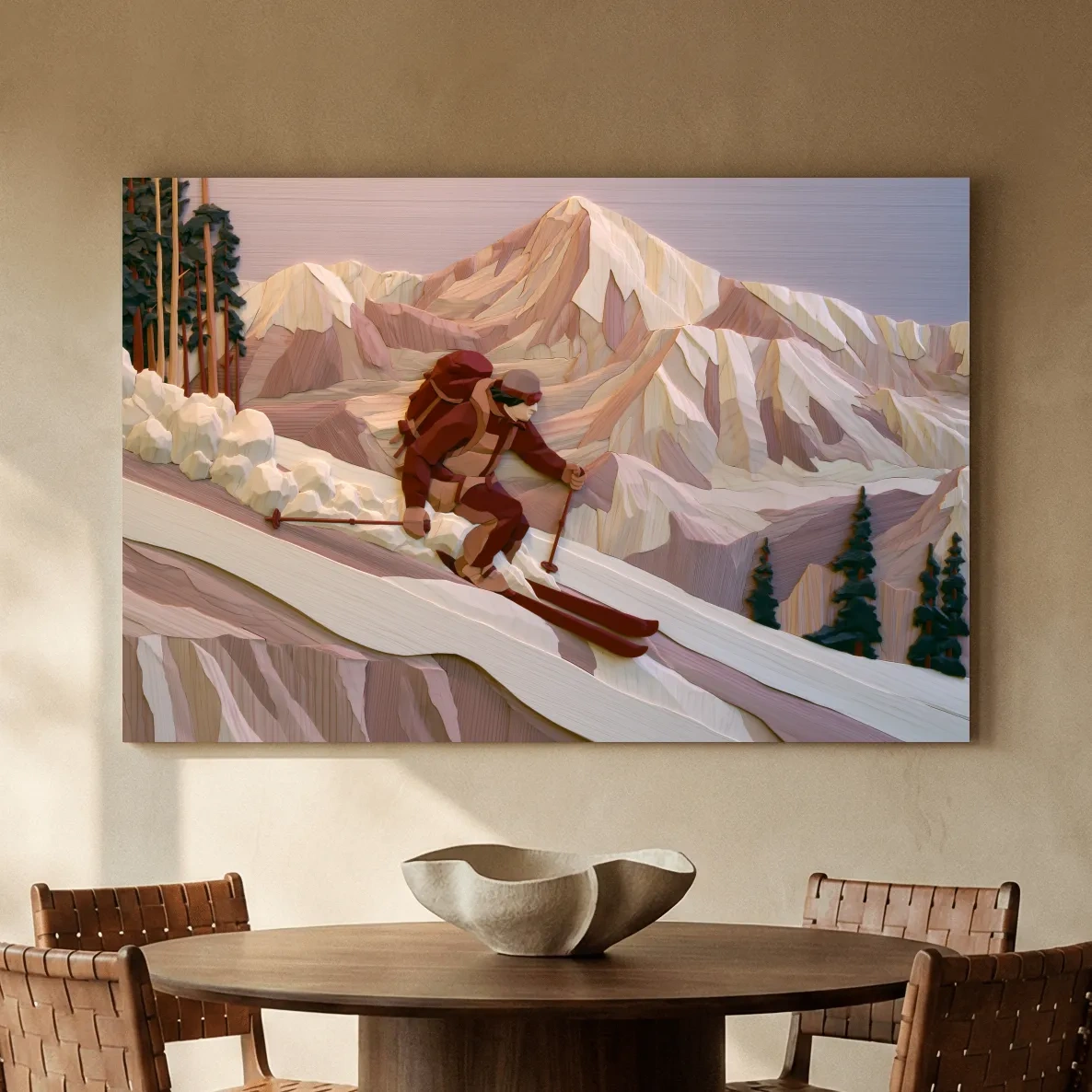 Geometric Backcountry Skier In Alpine Peaks - Winter Mountain Adventure Wall Art