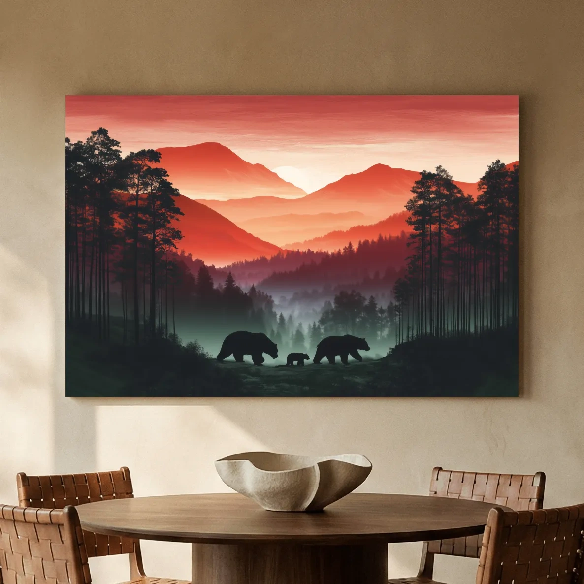 Moody Sunset Mountain Bear Family Silhouettes - Misty Forest Wildlife Wall Art