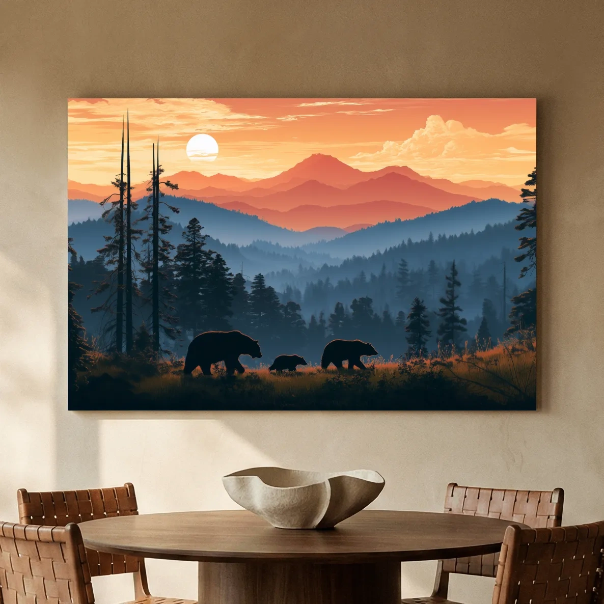 Bear Family Silhouettes - Mountain Sunset Wildlife Wall Art