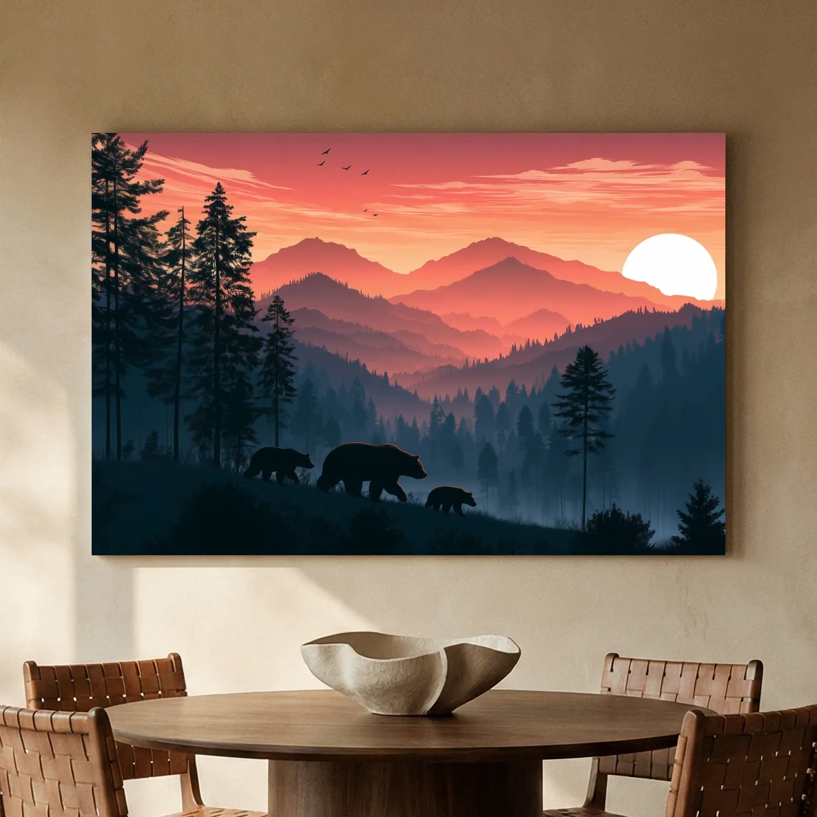 Bear Family Silhouette Mountain Sunset - Wildlife Landscape Wall Art