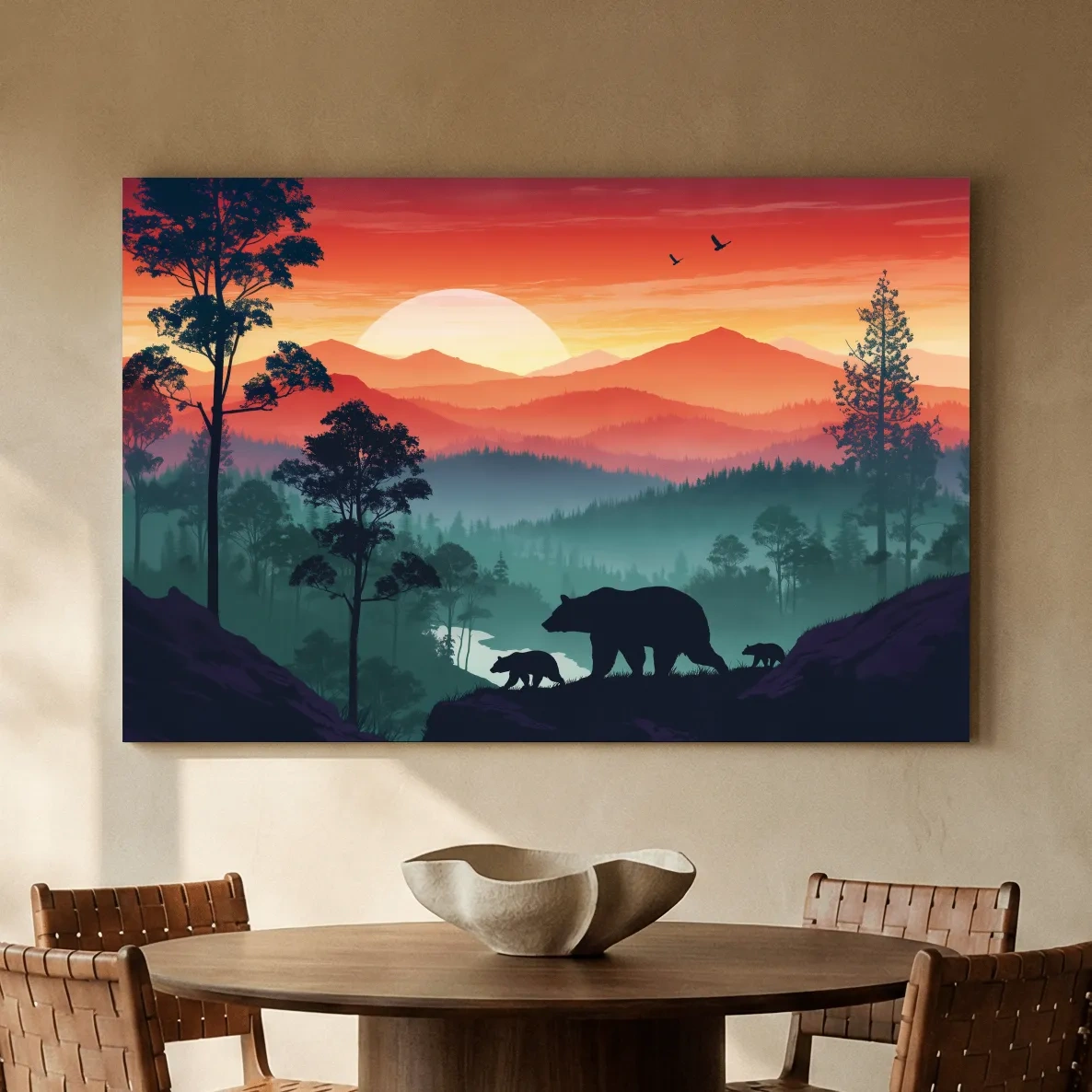 Sunset Mama Bear & Cubs Silhouette - Misty Forest Landscape Artwork