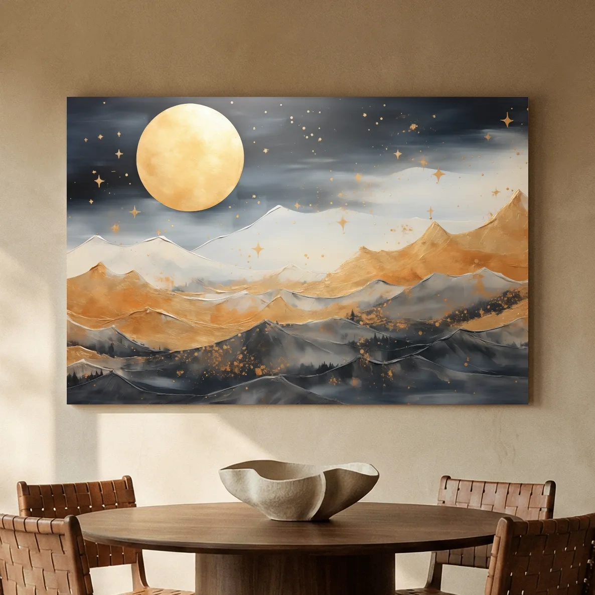 Golden Moonlit Abstract Mountain Landscape - Modern Watercolor Wall Art