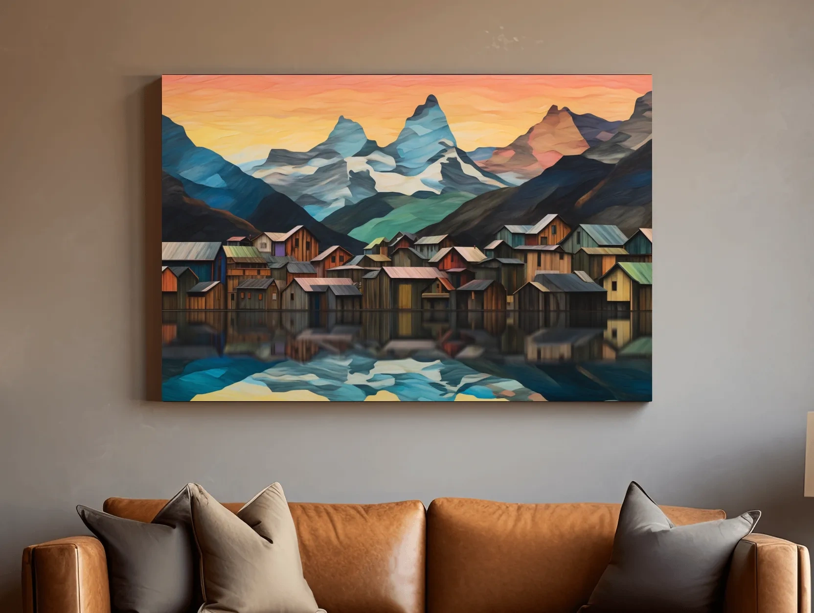 Alpine Mountain Village Reflections - Colorful Paper Cut Style Wall Art