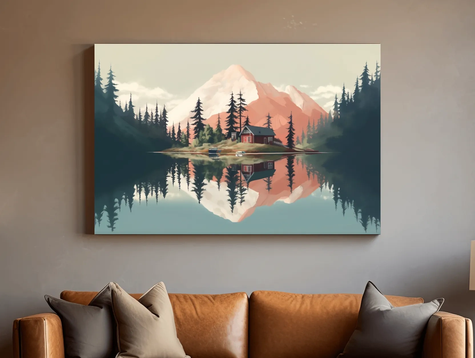 Serene Alpine Lake Cabin Artwork - Minimalist Mountain Landscape Wall Art