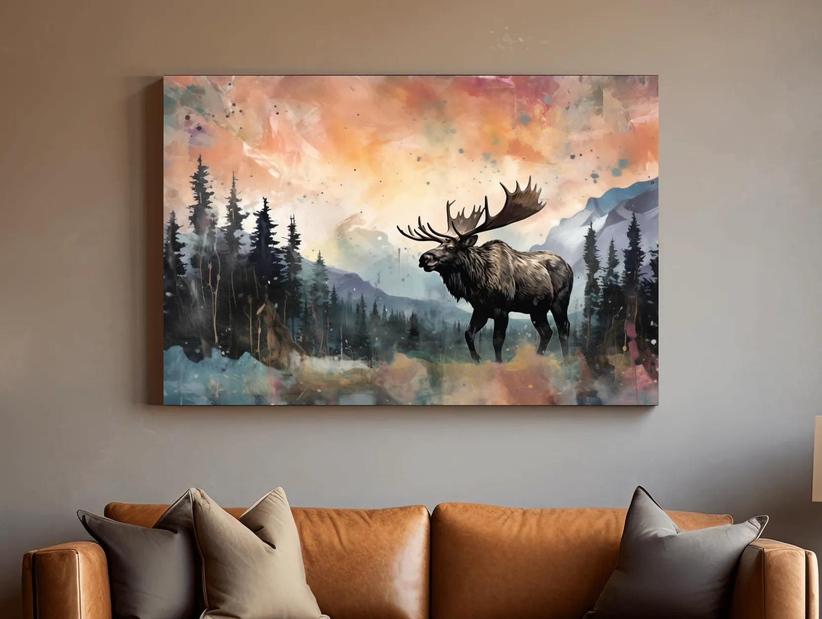 Watercolor Moose In Misty Mountain Forest - Rustic Wildlife Wall Art