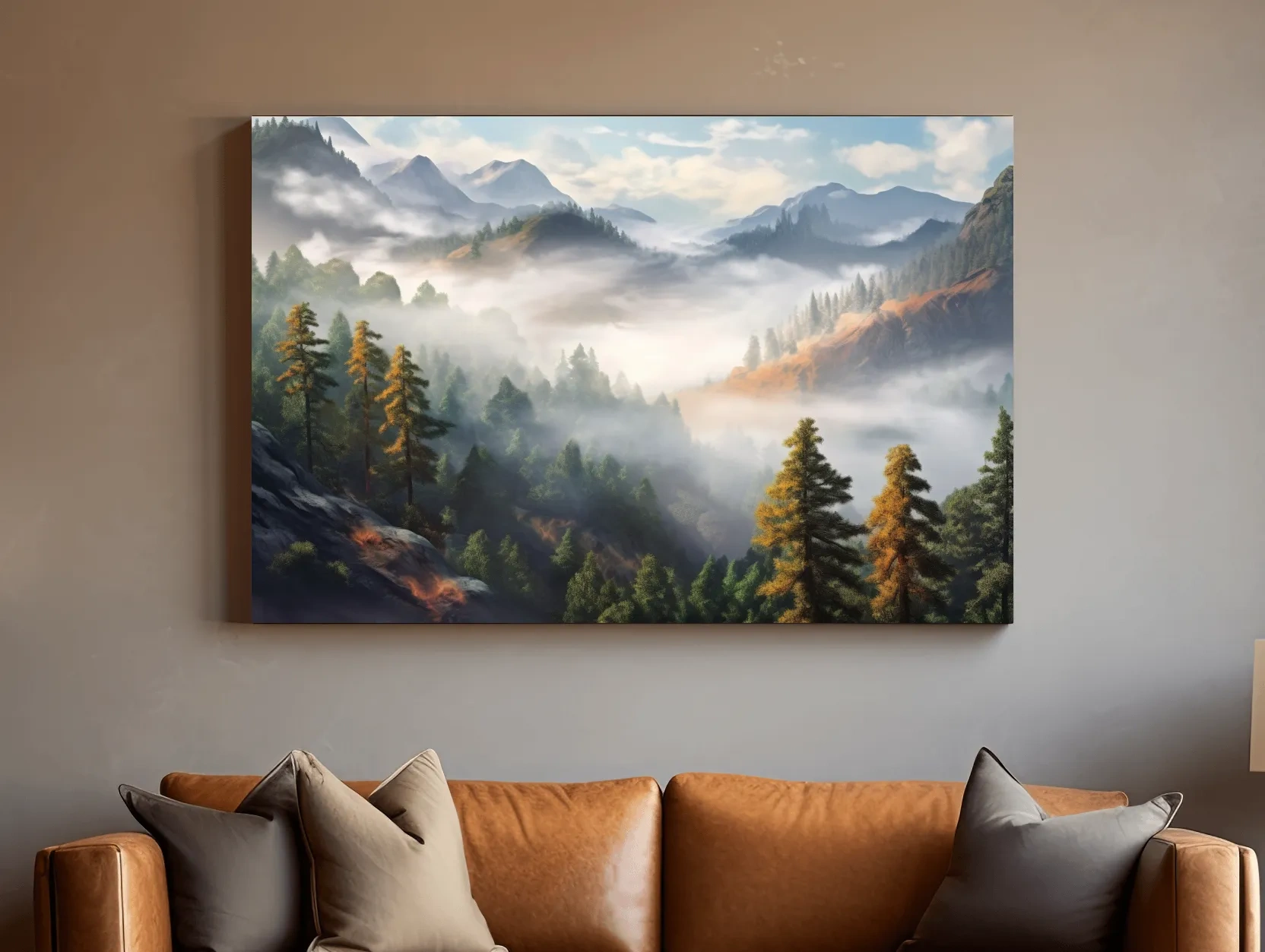 Misty Mountain Valley Forest Landscape - Serene Foggy Nature Painting Wall Art