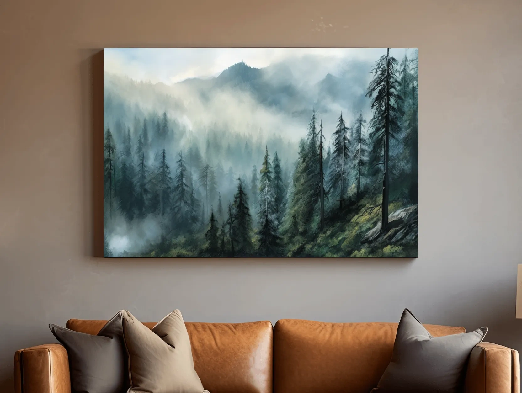 Misty Evergreen Forest Mountain Landscape - Moody Watercolor Nature Wall Art