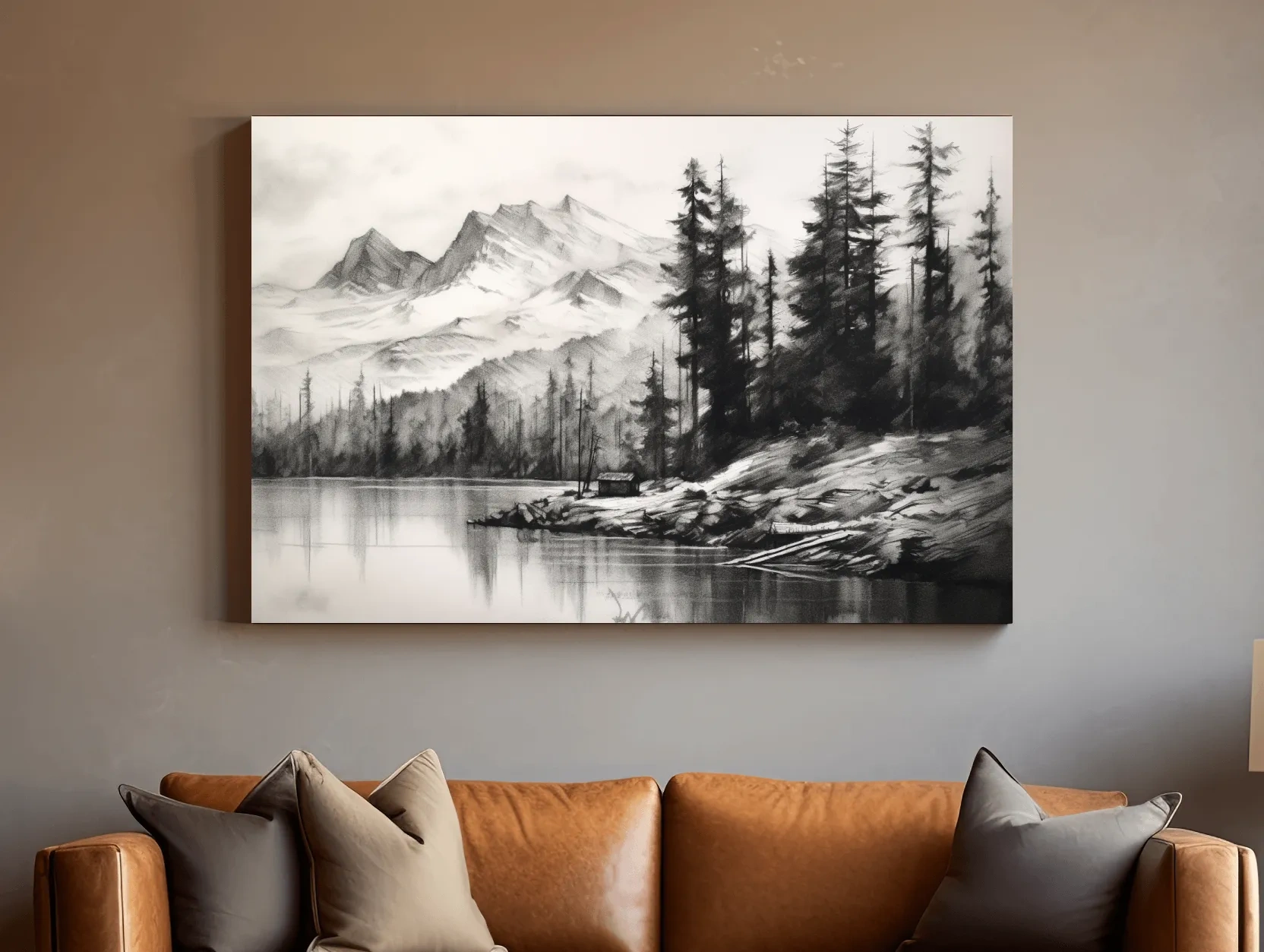 Monochrome Mountain Lake Charcoal Sketch - Pine Forest Landscape Wall Art