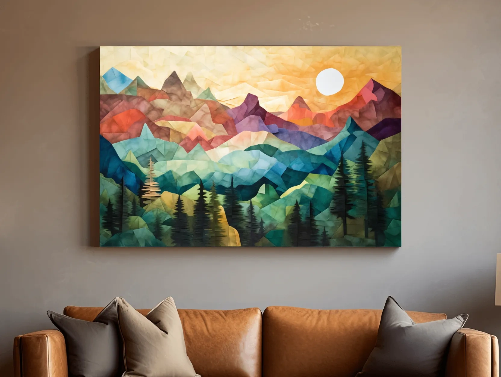 Abstract Sunset Mountain Canvas - Vibrant Patchwork Mosaic Art