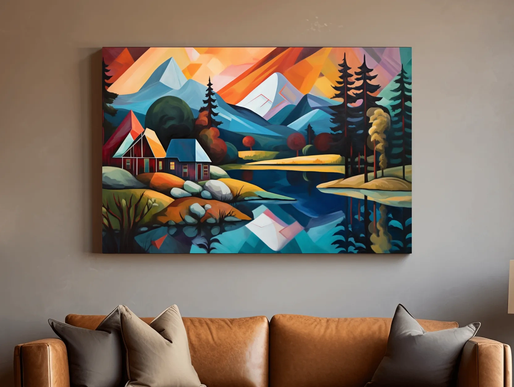Vibrant Geometric Mountain Lake Cabin Oil Painting - Modern Abstract Wall Art
