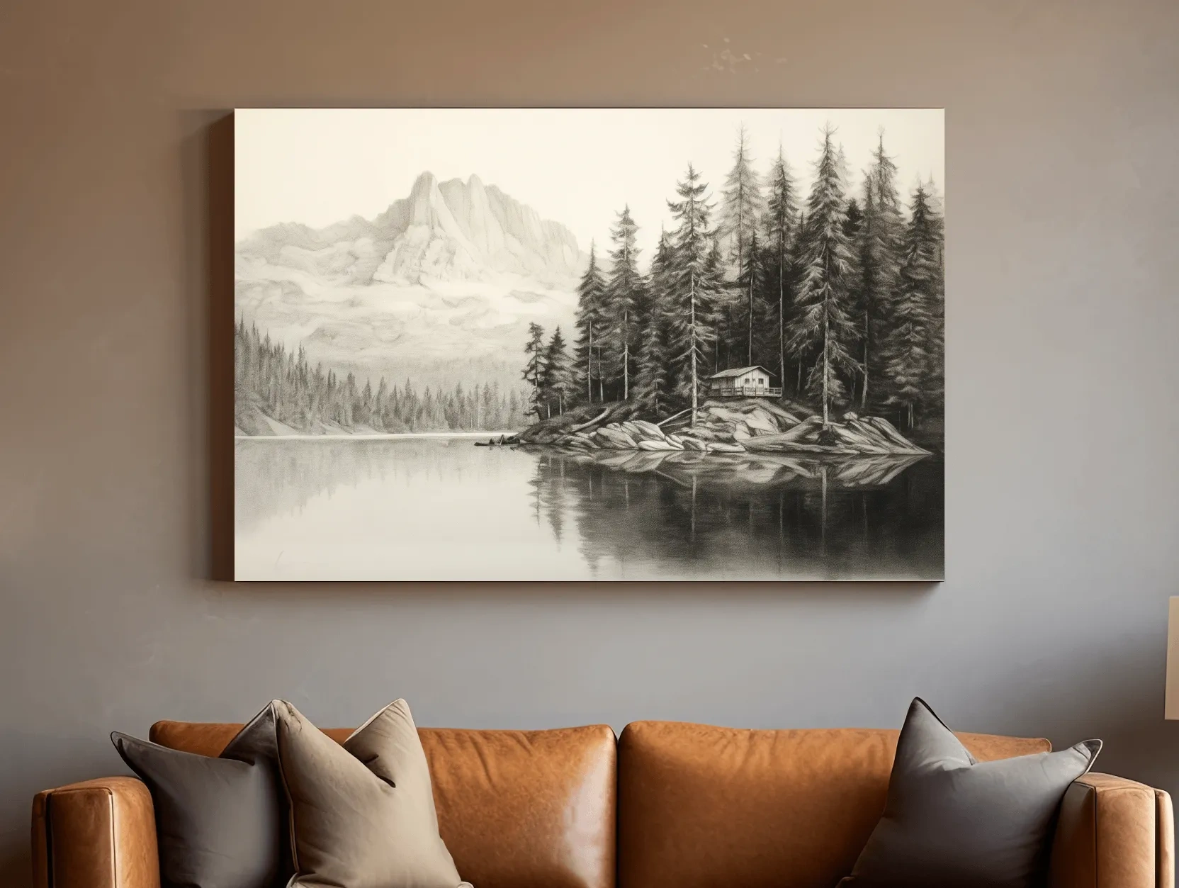 Lead pencil drawing of a cabin by the lake