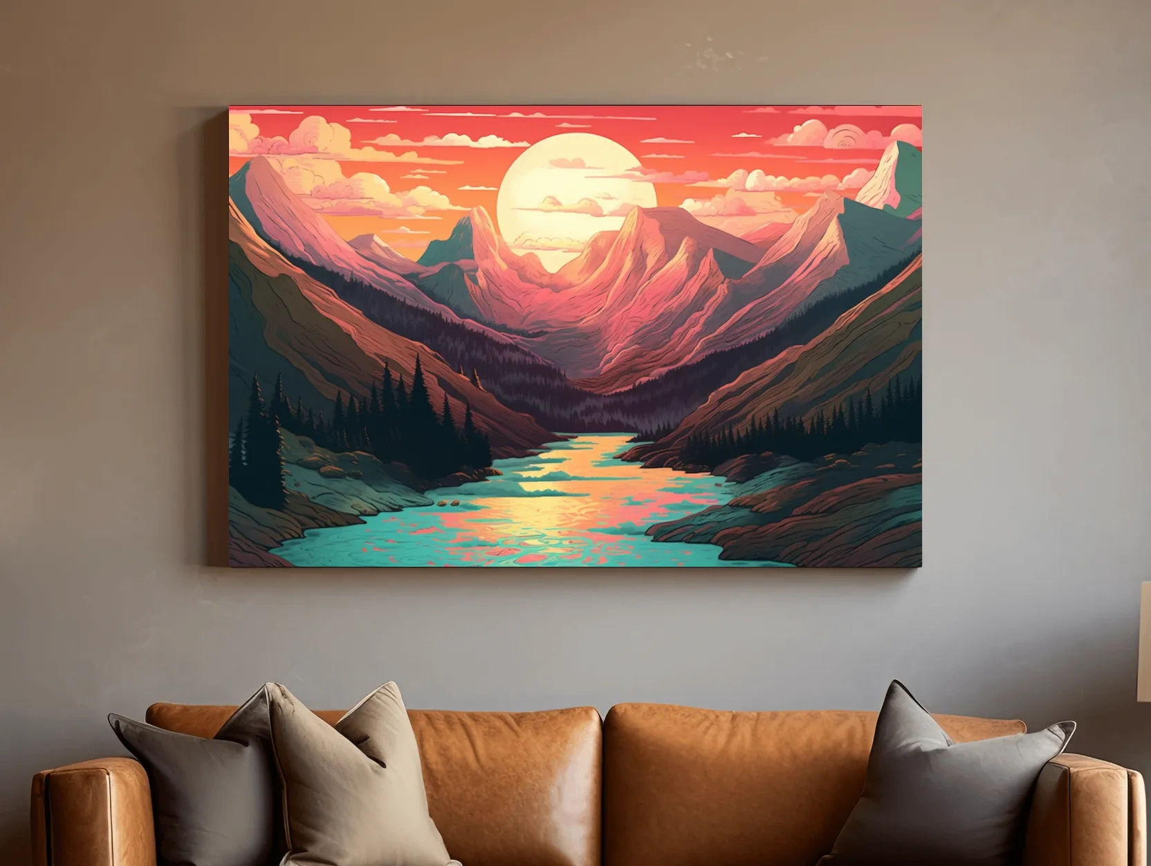Vibrant Sunset Mountain Valley Illustration - Retro Landscape Wall Art