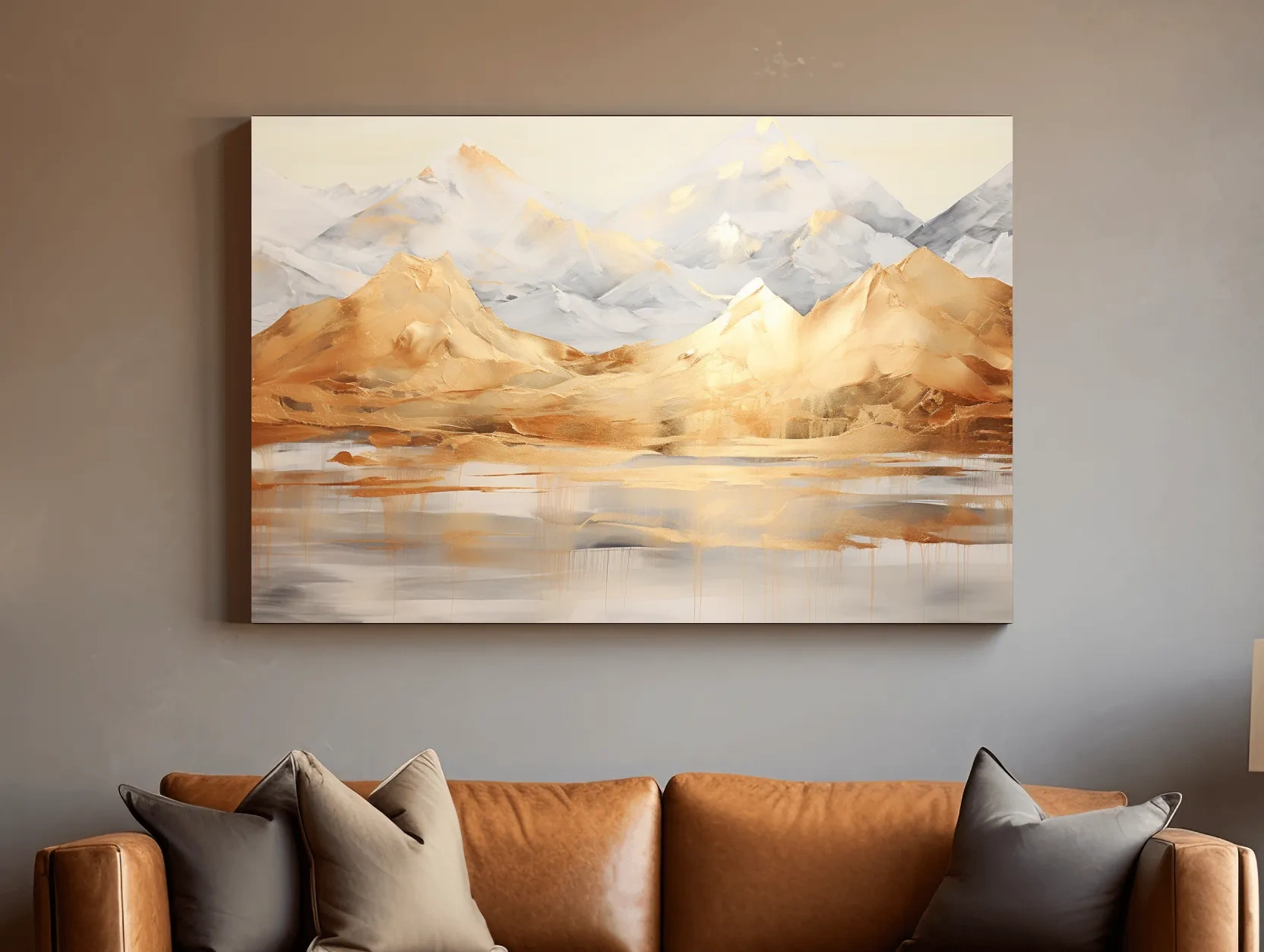 Luxe Golden Abstract Mountain Lake Painting - Elegant Landscape Wall Art