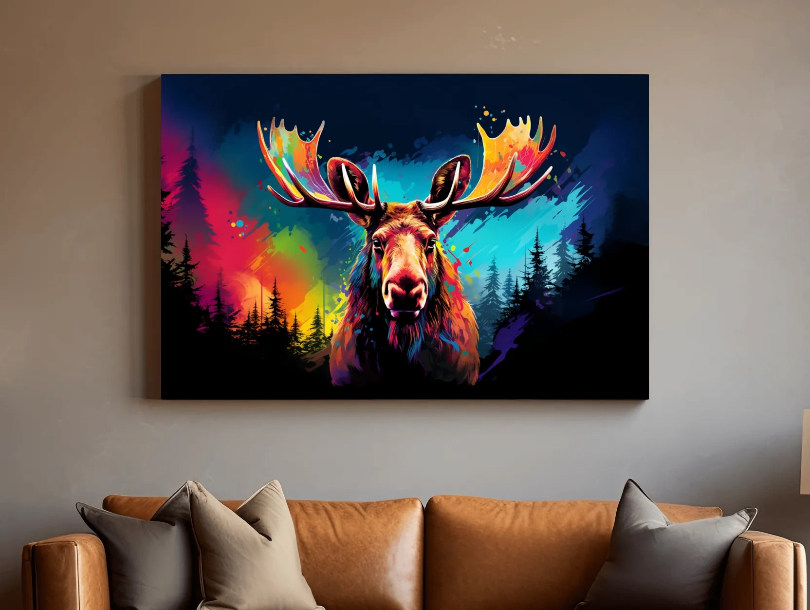 Vibrant Abstract Retro Moose Portrait - Colorful Splash Paint Wildlife Wall Art