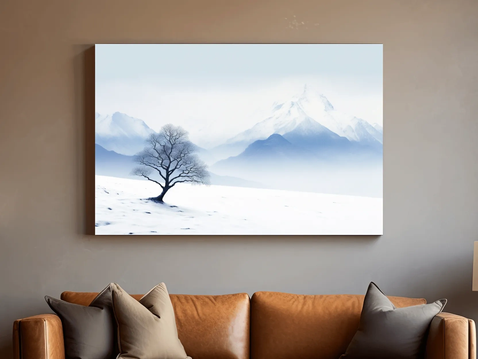 Minimalist Snowy Mountain Landscape With Lone Tree - Serene Winter Painting Wall Art
