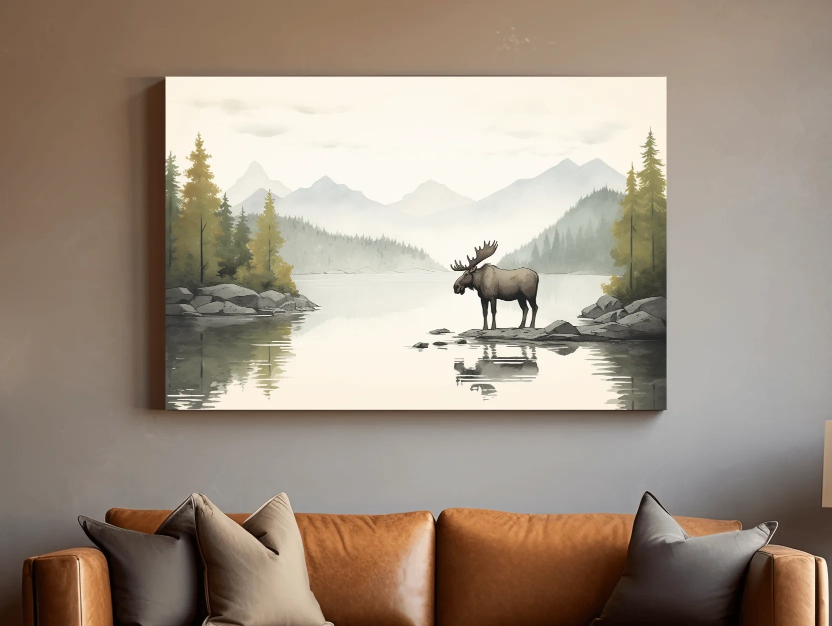 Watercolor Moose By Misty Lake - Mountain Wilderness Nursery Wall Art