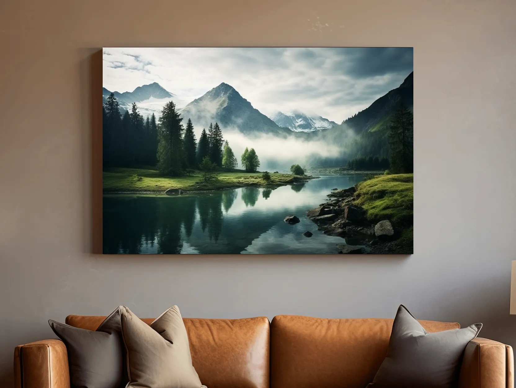 Misty Alpine Lake Reflection Landscape - Mountain Forest Photographic Wall Art