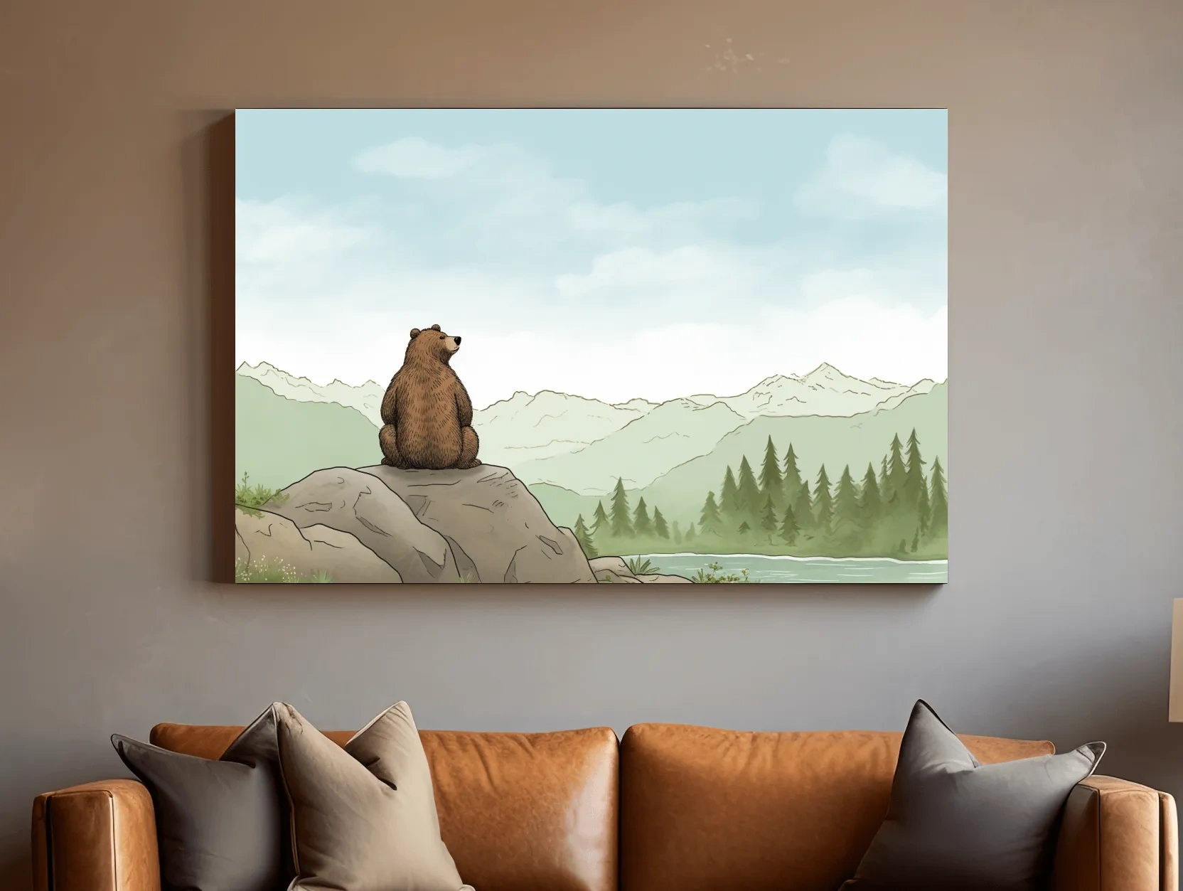 Whimsical Bear Overlooking Mountains - Cute Illustrated Nursery Wall Art