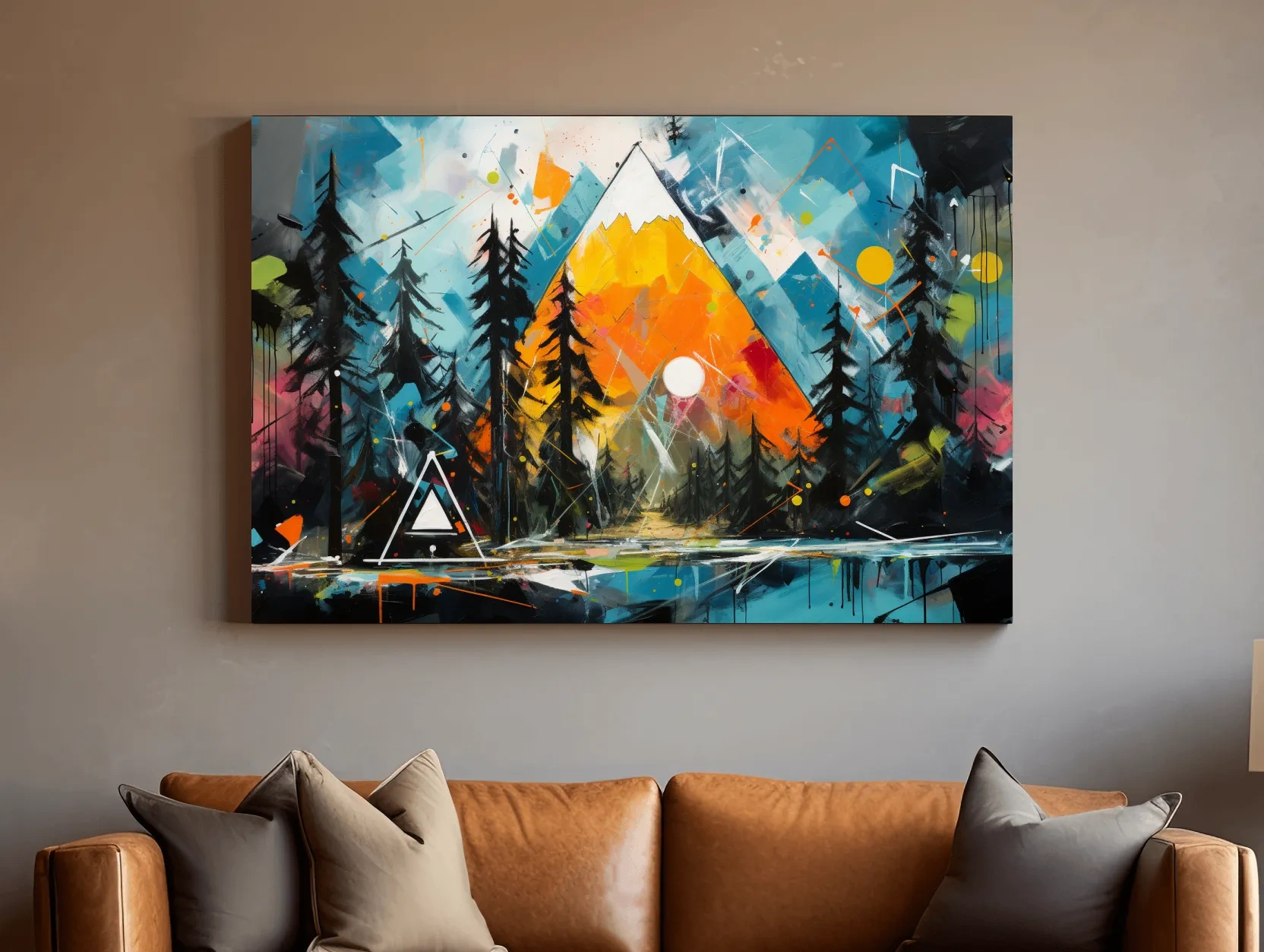 Vibrant Abstract Mountain Sunrise With Pine Forest - Energetic Landscape Wall Art