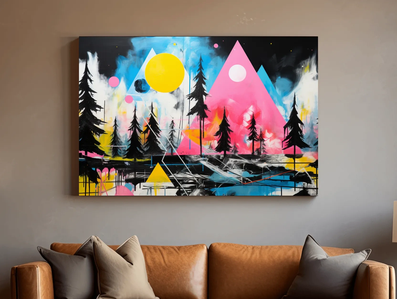 Neon Geometric Mountain Forest Painting - Vibrant Abstract Wall Art