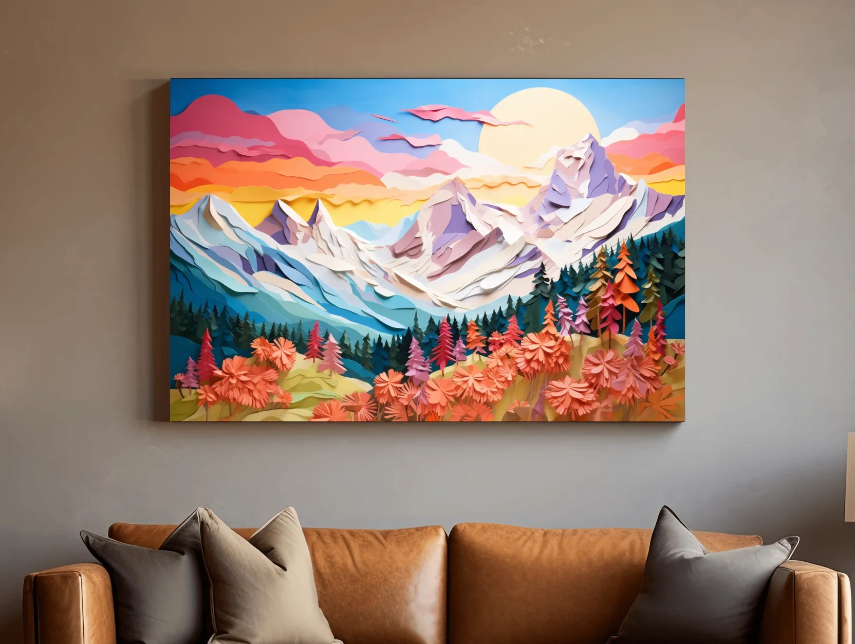 Layered 3D Paper Cut Mountain Sunrise Landscape - Colorful Alpine Meadows Wall Art Print