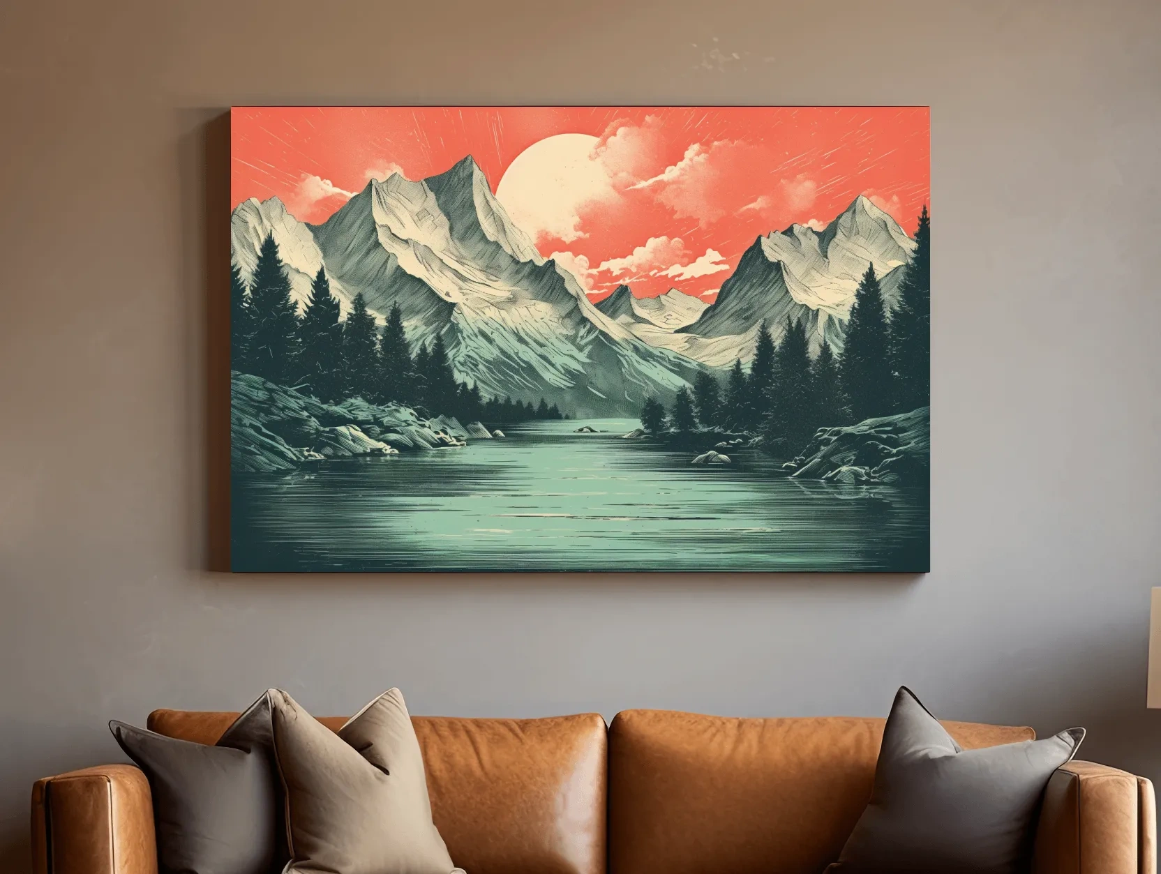 Retro Alpine Mountain Lake Sunset - Vintage Risograph Landscape Wall Art
