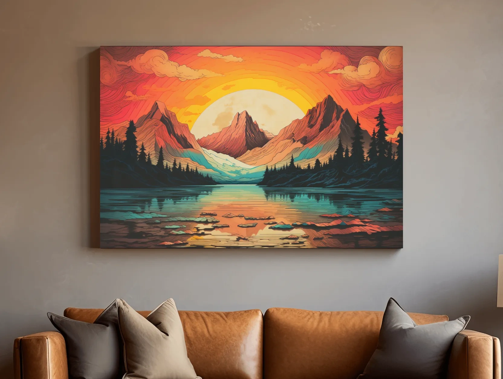 Vibrant Retro Alpine Lake Sunset - Stylized Mountain Wall Art