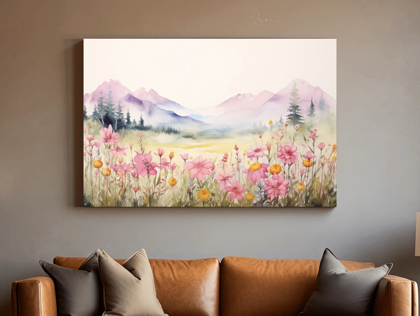 Pastel Wildflower Meadow Mountains Watercolor - Serene Alpine Wall Art