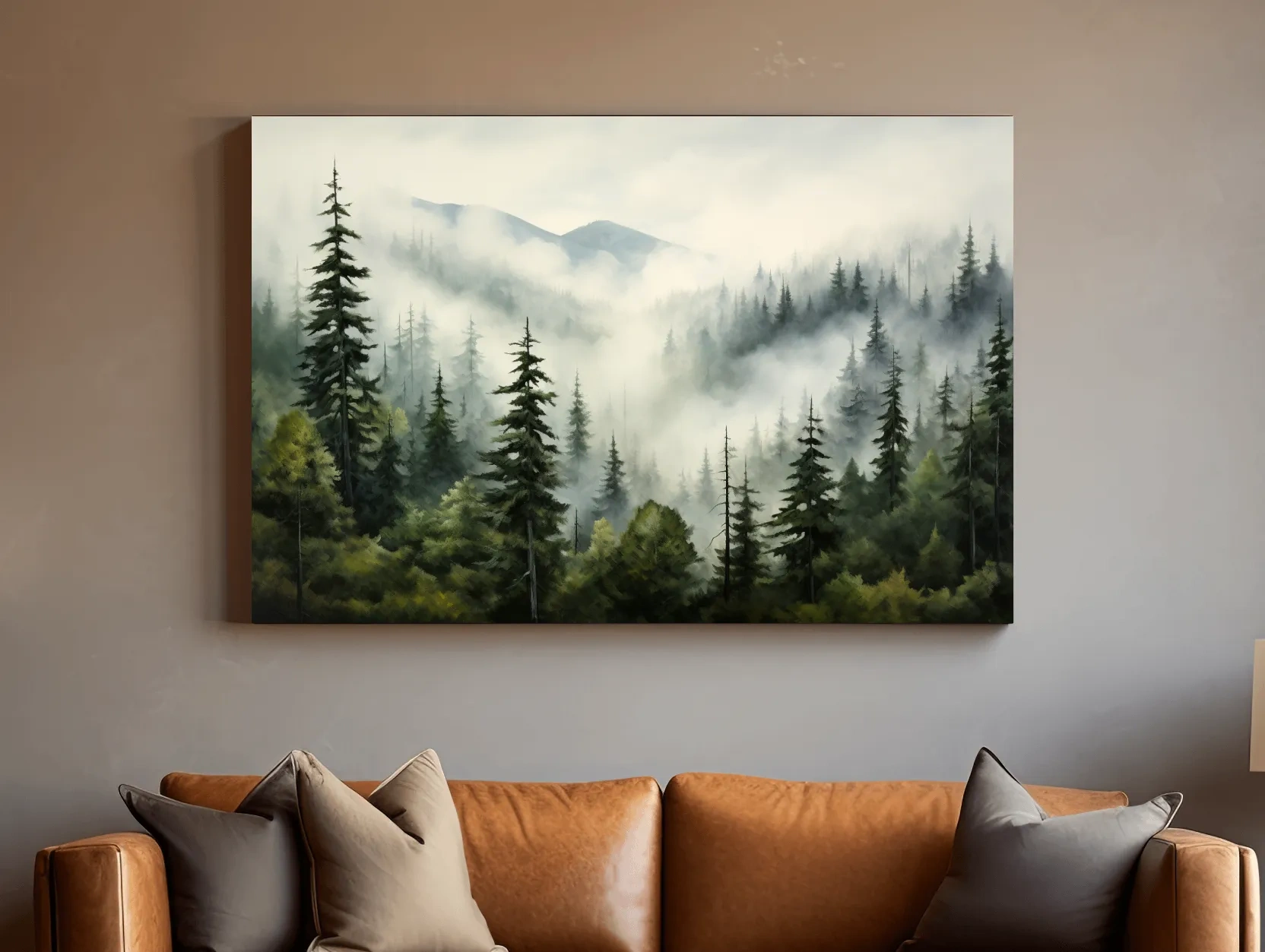 Foggy Alpine Mountain Forest Painting - Moody Watercolor Landscape Wall Art