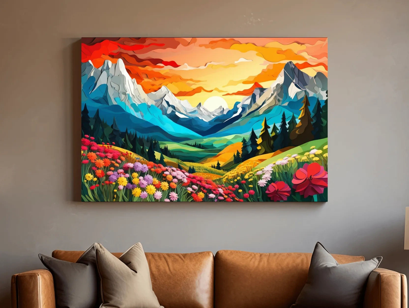 Vibrant Wildflower Mountain Valley Sunset - Colorful Paper Cutout Style Wall Art