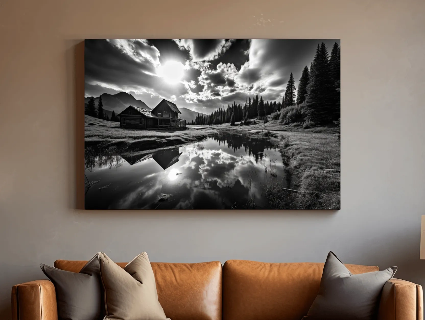 Moody Black And White Mountain Cabin Reflection - Dramatic Alpine Landscape Photography Wall Art