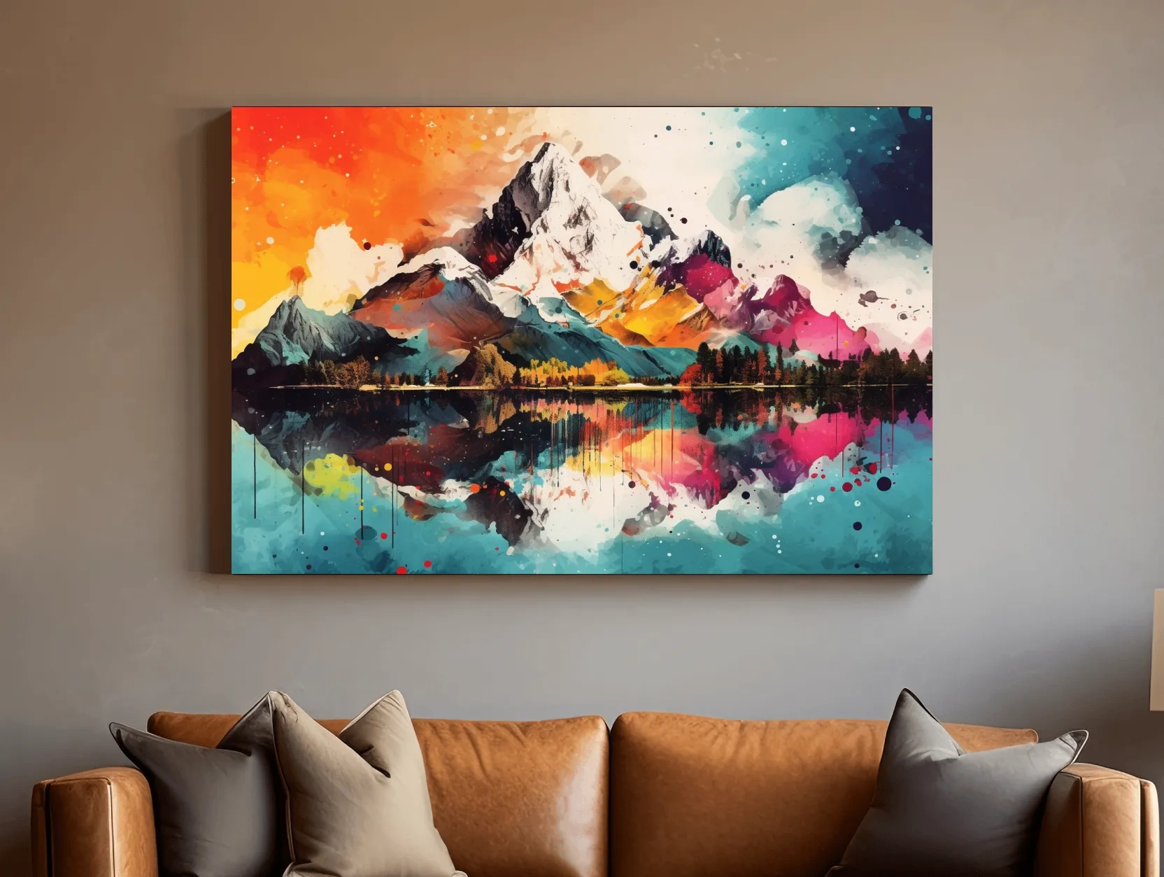 Vibrant Abstract Mountain Lake Collage Artwork - Colorful Watercolor Splash Wall Art