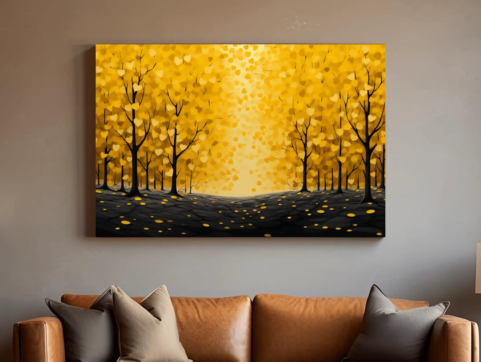 Golden Autumn Forest Canopy Painting - Warm Love Heart Wall Art