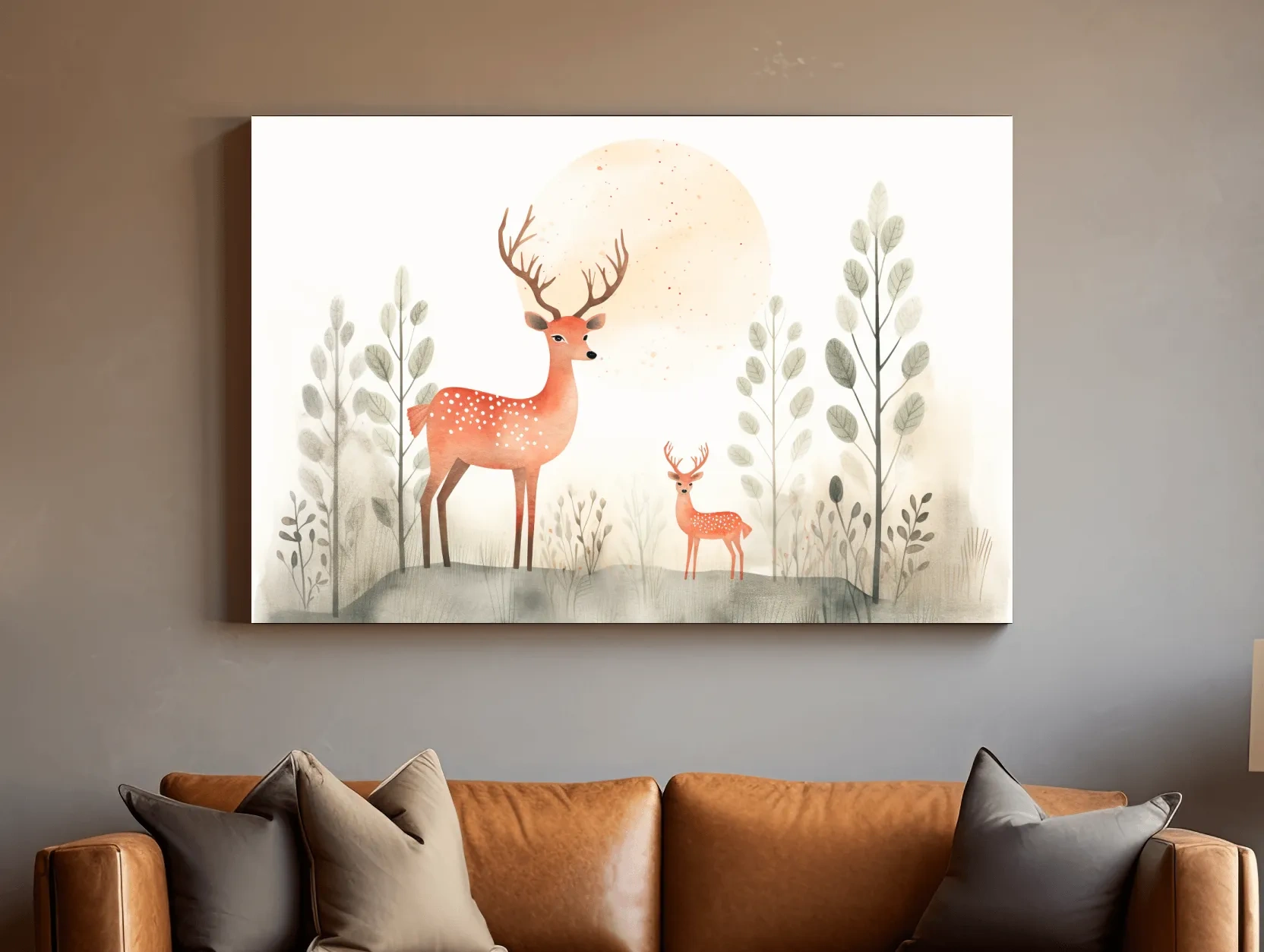 Storybook childrens illustration art, cute deer family in the forest, nursery wall art