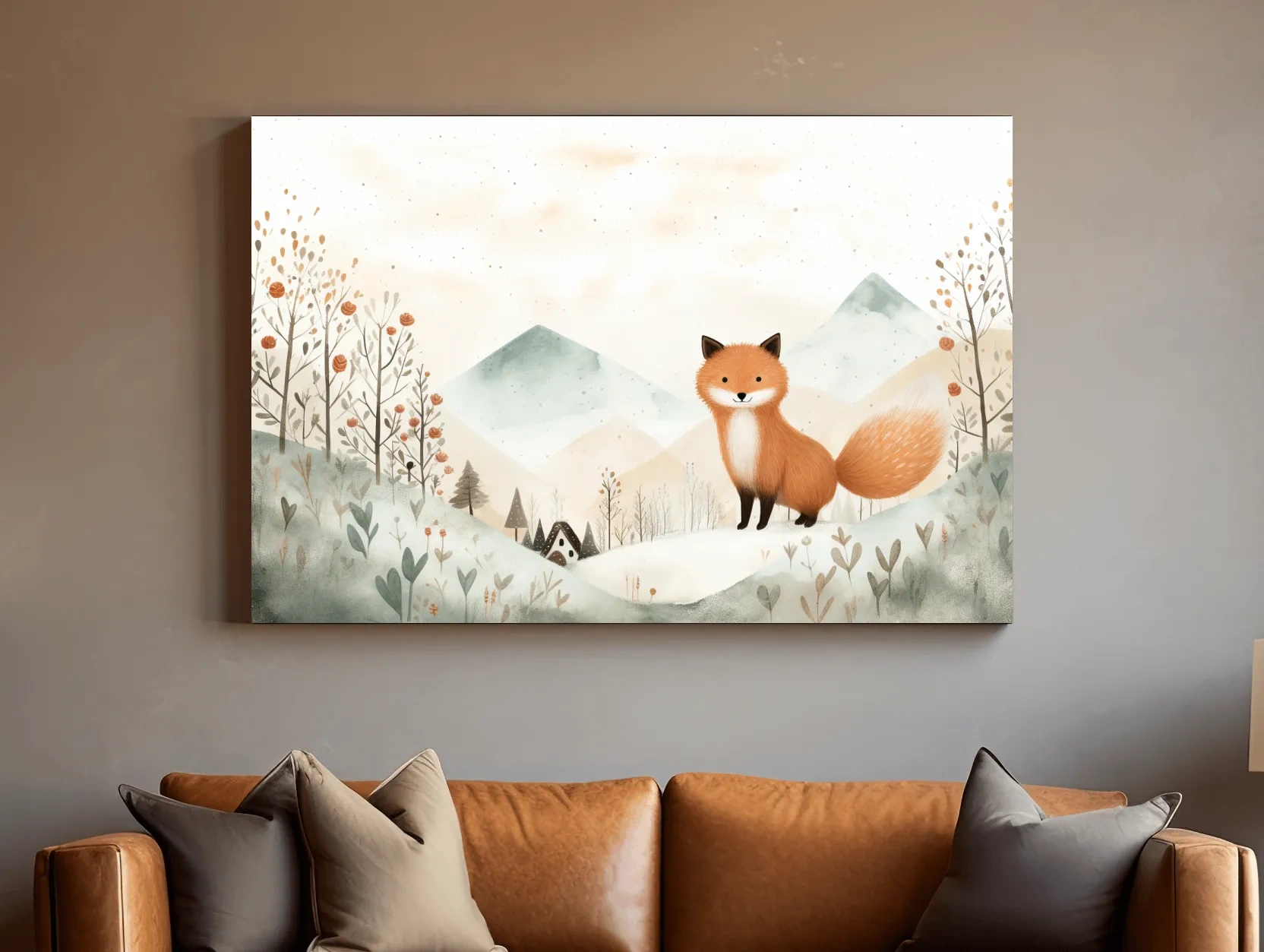 Whimsical Watercolor Fox In Pastel Mountains - Cute Nursery Animal Wall Art