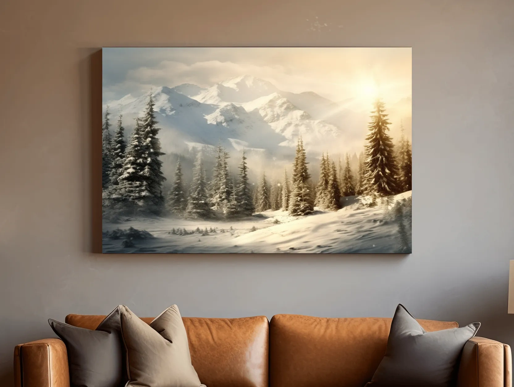 Golden Sunrise Snowy Mountain Landscape - Serene Winter Pine Forest Wall Art