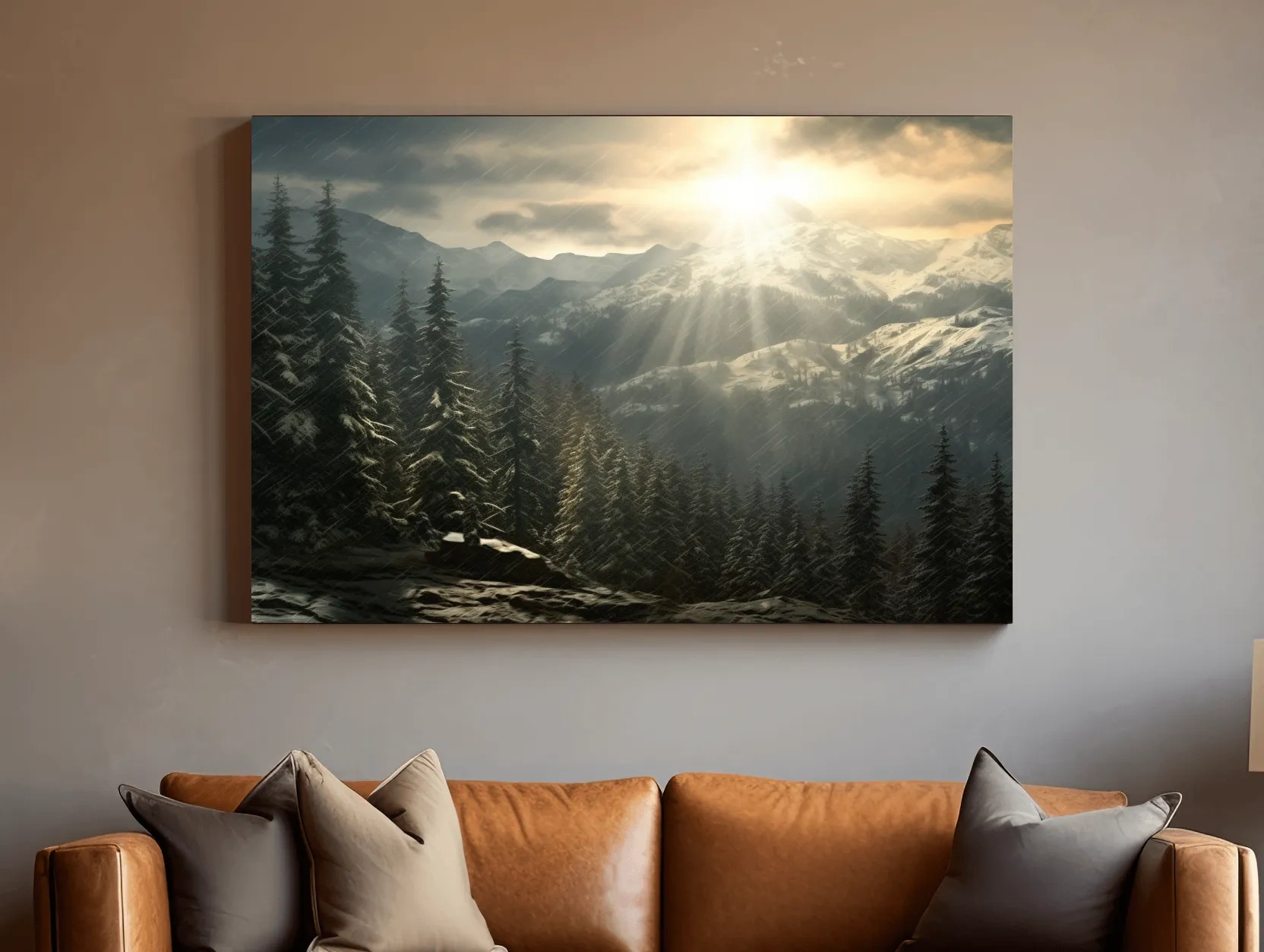 Sunset snowstorm, realistic snow mountain painting