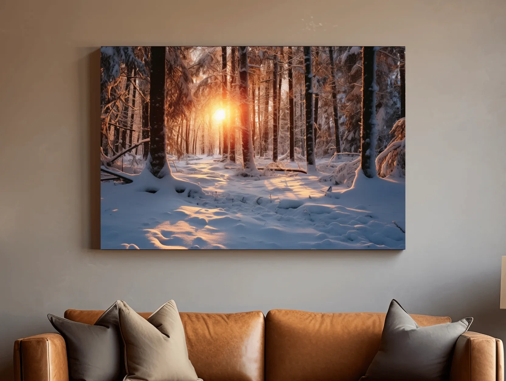 Golden Winter Sunrise Snowy Forest - Serene Nature Landscape Wall Art