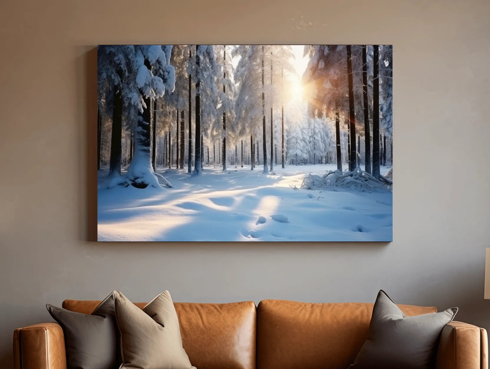 Sunlit Snowy Pine Forest Landscape - Serene Winter Nature Wall Art