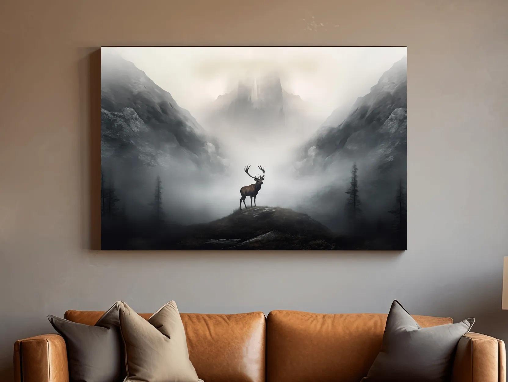 Moody Misty Mountain Stag Silhouette - Atmospheric Wildlife Landscape Art