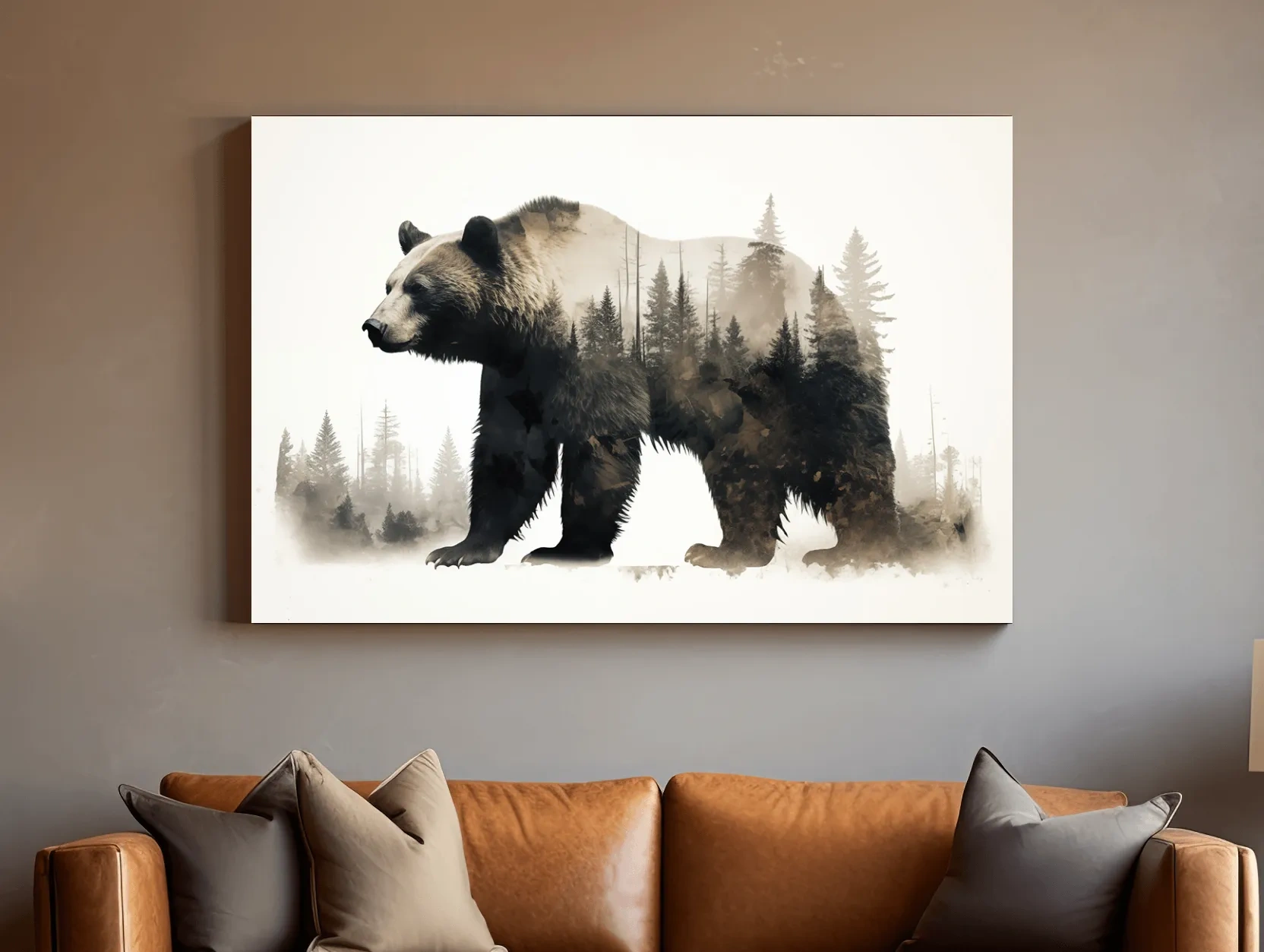 Double exposure artwork, a grizzly bear and a forest