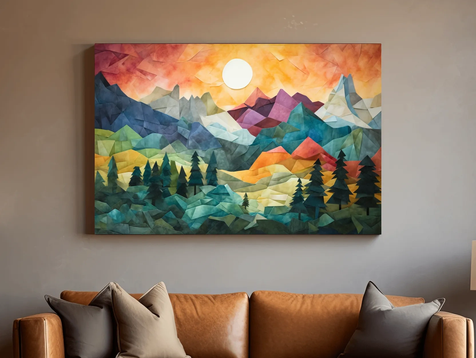 Abstract Alpine Mountain Sunset Artwork - Vibrant Patchwork Mosaic Wall Art