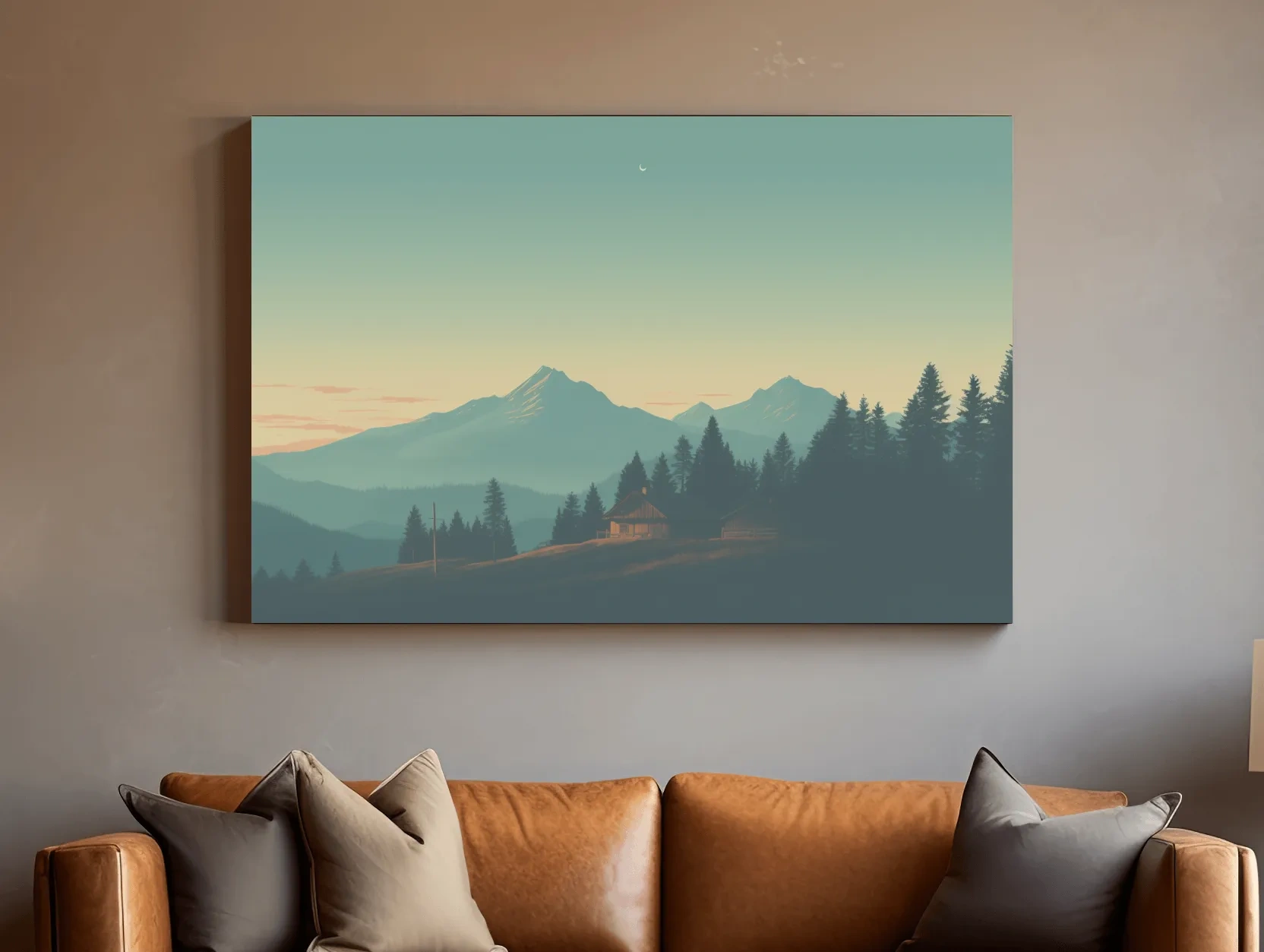 Hazy Alpine Cabin Mountain Sunset - Serene Vintage Landscape Wall Art