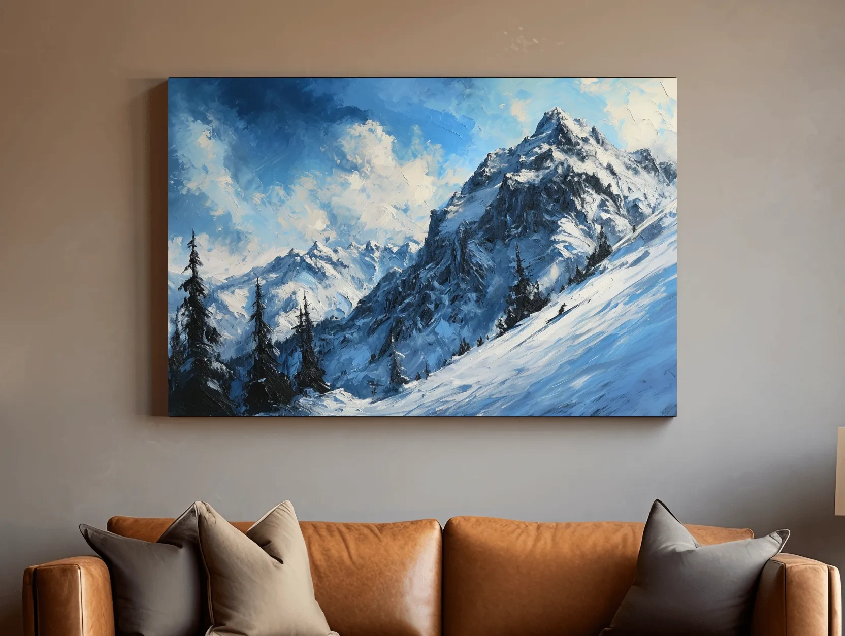 Textured oil painting of alpine snowy mountain