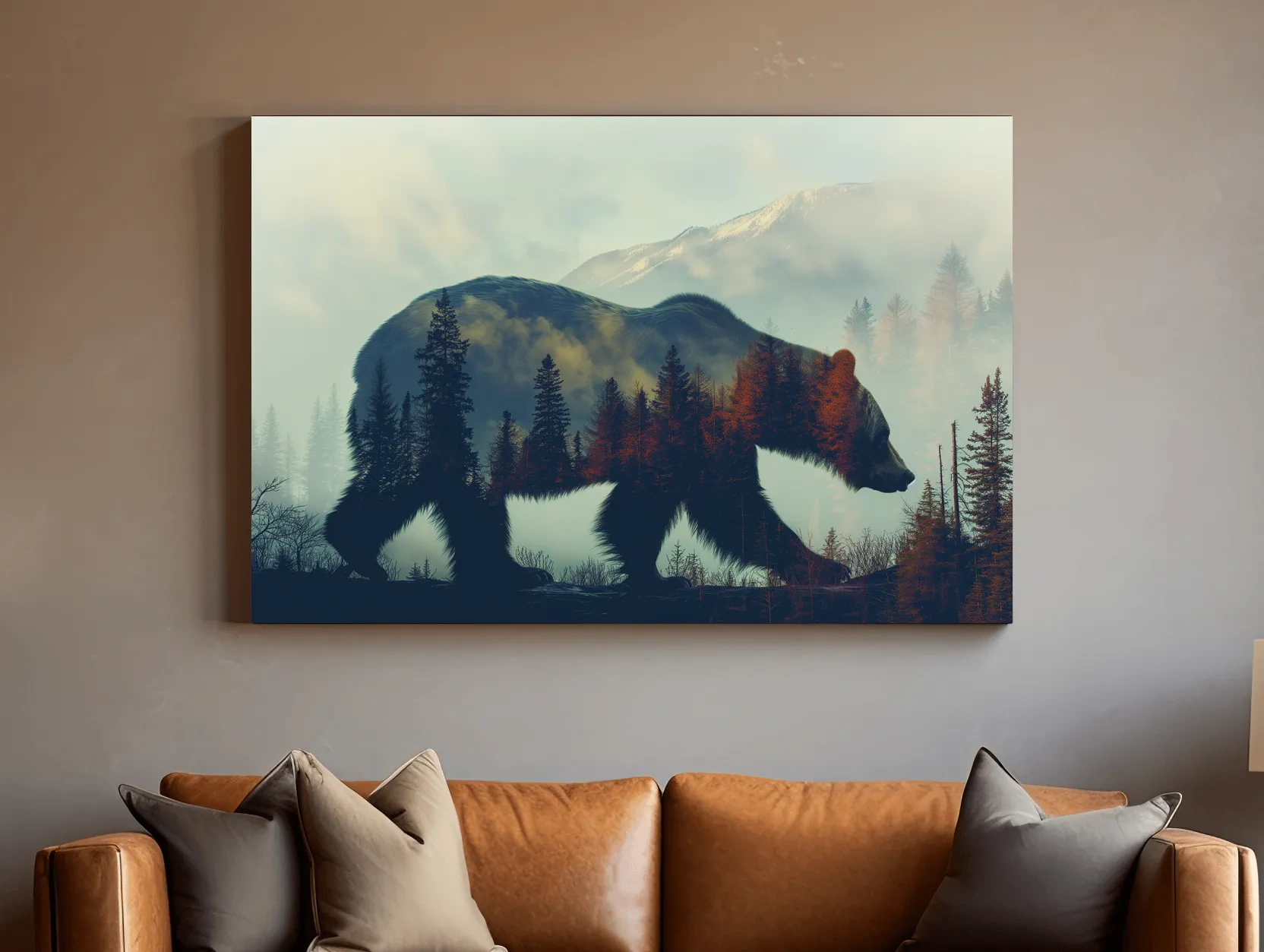 Moody Double Exposure Grizzly Bear Silhouette - Misty Pine Forest Mountain Wall Art