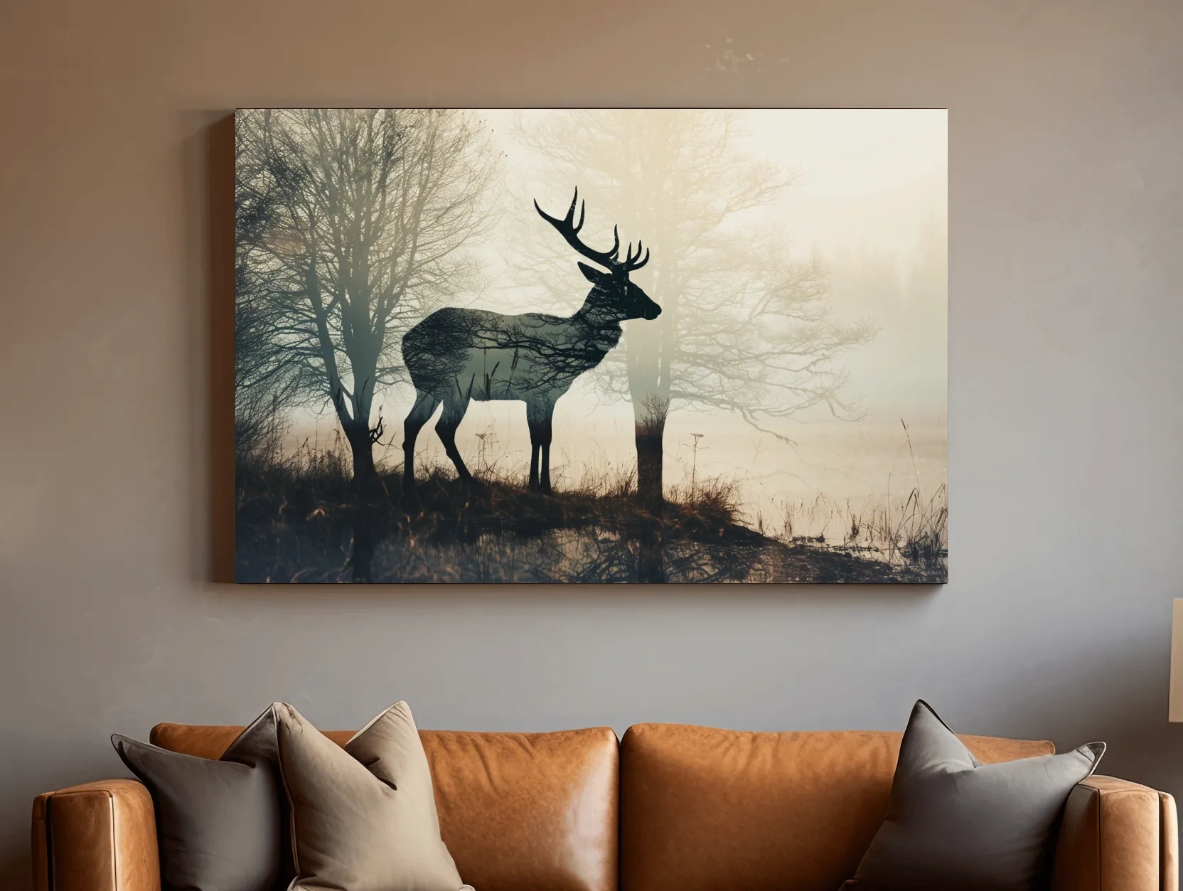 Misty Deer Silhouette Forest Landscape - Double Exposure Wildlife Photography Wall Art